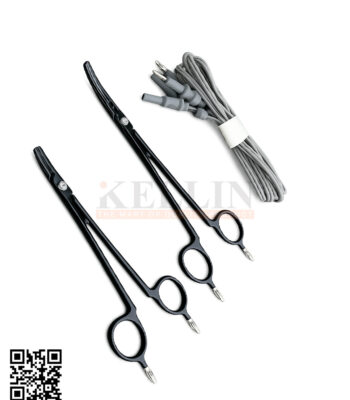 non-stick bipolar artery vessel sealer forceps in 16 cm, 19 cm, and 22 cm lengths, supplied with a 3-meter silicone cable and 4 mm 2-pin connector for compatible electrosurgical systems.