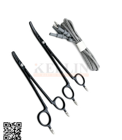 non-stick bipolar artery vessel sealer forceps in 16 cm, 19 cm, and 22 cm lengths, supplied with a 3-meter silicone cable and 4 mm 2-pin connector for compatible electrosurgical systems.
